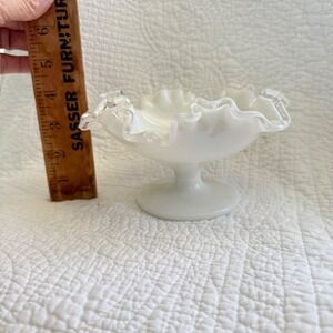 Vintage Fenton White Glass Compote Bowl Ruffled Edge Pedestal Candy Dish Decor